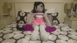 Size: 5312x2988 | Tagged: safe, artist:bigsexyplush, artist:somethingaboutoctavia, character:octavia melody, species:anthro, species:unguligrade anthro, absurd resolution, anthro plushie, bed, bedroom eyes, cheerleader, cheerleader outfit, clothing, costume, cute, doll, female, hooves, irl, outfit, photo, plushie, pom pom, socks, socktavia, solo, thigh highs, thunder thighs, toy, wide hips