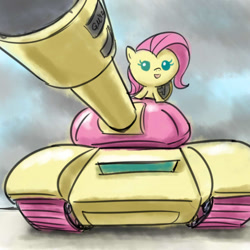 Size: 640x640 | Tagged: safe, artist:giantmosquito, character:fluttershy, species:pegasus, species:pony, g4, baby, cute, female, flutterbadass, paint tool sai, solo, tank (vehicle)