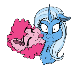 Size: 1103x997 | Tagged: safe, artist:saphi-boo, edit, character:pinkie pie, character:trixie, species:pony, species:unicorn, ship:trixiepie, bust, cheek fluff, chest fluff, cropped, curved horn, ear fluff, eyes closed, female, floppy ears, fluffy, lesbian, licking, mare, portrait, scrunchy face, shipping, simple background, smiling, tongue out, transparent background, wide eyes