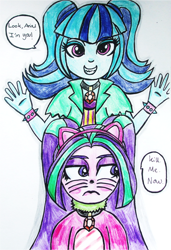 Size: 800x1170 | Tagged: safe, artist:blazingdazzlingdusk, character:aria blaze, character:sonata dusk, my little pony:equestria girls, alternate hairstyle, cat, cat ears, clothes swap, clothing, costume, traditional art