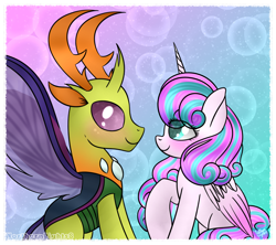 Size: 1024x909 | Tagged: safe, artist:northlights8, character:princess flurry heart, character:thorax, species:changeling, species:reformed changeling, episode:to where and back again, g4, my little pony: friendship is magic, colored wings, colored wingtips, flurrax, male, older, older flurry heart, shipping, straight