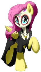 Size: 2210x3881 | Tagged: safe, artist:discorded-joker, character:fluttershy, alternate hairstyle, black dress, calavera, calavera catrina, clothing, costume, cute, dia de los muertos, dress, female, jewelry, looking at you, necklace, paint, raised hoof, shyabetes, simple background, solo, transparent background