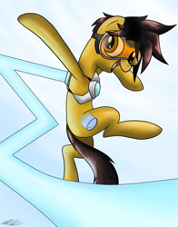 Size: 1000x1273 | Tagged: safe, artist:wolftendragon, species:earth pony, species:pony, crossover, goggles, overwatch, ponified, solo, tracer
