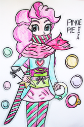 Size: 972x1461 | Tagged: safe, artist:blazingdazzlingdusk, character:pinkie pie, my little pony:equestria girls, clothing, female, looking at you, ninja, smiling, solo, sword, traditional art, weapon