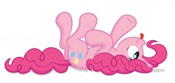 Size: 1280x606 | Tagged: safe, artist:littlehybridshila, character:pinkie pie, species:earth pony, species:pony, blep, cute, diapinkes, female, horses doing horse things, legs in air, looking up, mare, on back, pointing, silly, silly pony, simple background, smiling, solo, tongue out, underhoof, upside down, white background