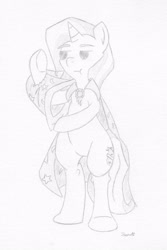 Size: 1300x1950 | Tagged: safe, artist:ramott, character:trixie, species:pony, species:unicorn, bipedal, chest fluff, clothing, female, hat, monochrome, solo, traditional art
