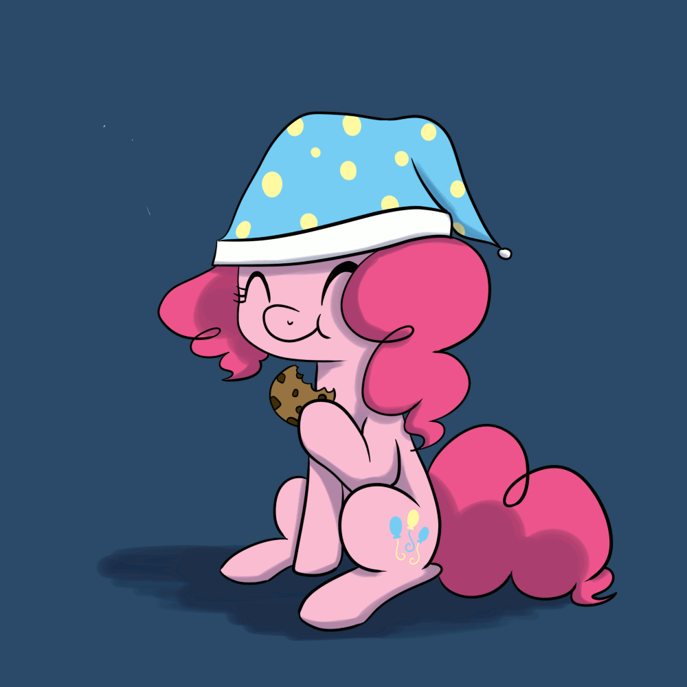 Size: 1000x1000 | Tagged: safe, artist:maplesunrise, character:pinkie pie, species:pony, animated, ask snuggle pie, blue background, clothing, cookie, cute, dark background, diapinkes, eating, eyes closed, female, food, hat, nightcap, simple background, sitting, sleeping cap, solo
