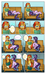 Size: 1024x1638 | Tagged: safe, artist:northlights8, character:starlight glimmer, character:sunburst, ship:starburst, ..., blushing, comic, couch, dialogue, fake glasses, glasses, levitation, lidded eyes, magic, male, on back, open mouth, prone, reading, shipping, sitting, smiling, spellbook, straight, sweat, sweatdrop, telekinesis, thought bubble, tongue out, wide eyes