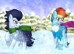 Size: 1024x740 | Tagged: safe, artist:northlights8, character:rainbow dash, character:soarin', species:pony, ship:soarindash, colored wings, colored wingtips, male, shipping, snow, snowball, snowball fight, straight