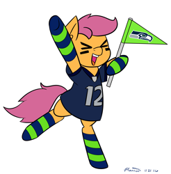 Size: 1280x1300 | Tagged: safe, artist:melodicmarzipan, character:scootaloo, species:pegasus, species:pony, american football, clothing, female, nfl, seachicken, seattle seahawks, simple background, socks, solo, striped socks, white background