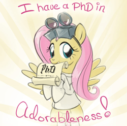 Size: 640x636 | Tagged: safe, artist:giantmosquito, character:fluttershy, species:pegasus, species:pony, ask, ask-dr-adorable, bipedal, clothing, cute, diploma, doctor, dr adorable, female, gloves, goggles, grin, lab coat, looking at you, mouth hold, phd, shyabetes, smiling, solo, spread wings, tumblr, wings