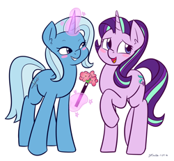 Size: 2162x2000 | Tagged: safe, artist:melodicmarzipan, character:starlight glimmer, character:trixie, species:pony, species:unicorn, ship:startrix, blush sticker, blushing, bouquet, cute, diatrixes, ear fluff, female, flower, glimmerbetes, lesbian, levitation, magic, mare, open mouth, raised hoof, shipping, simple background, smiling, telekinesis, wand, white background