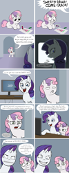 Size: 1620x4068 | Tagged: safe, artist:lemondevil, character:rarity, character:sweetie belle, species:pony, species:unicorn, ask, biporarity, broken, comic, computer, crayons, derp, duo, duo female, female, filly, grin, gritted teeth, mare, smiling
