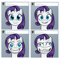 Size: 2824x2744 | Tagged: safe, artist:lemondevil, character:rarity, species:pony, species:unicorn, ask, biporarity, creepy, derp, female, grin, high res, mare, slasher smile, smiling, solo