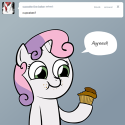 Size: 1160x1160 | Tagged: safe, artist:lemondevil, character:sweetie belle, species:pony, species:unicorn, ask, bipedal, biporarity, crumbs, cupcake, eating, female, filly, food, solo