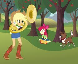 Size: 3752x3084 | Tagged: safe, artist:discorded-joker, artist:haleyc4629, character:apple bloom, character:applejack, character:winona, my little pony:equestria girls, boots, cowboy boots, listening, music, musical instrument, playing instrument, shoes, sousaphone, tuba, tubajack, watching