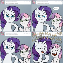 Size: 1280x1280 | Tagged: safe, artist:lemondevil, character:rarity, character:sweetie belle, species:pony, species:unicorn, angry face, ask, biporarity, duo, duo female, female, filly, laughing, mare