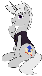 Size: 983x1765 | Tagged: safe, artist:feralroku, derpibooru original, oc, oc only, oc:mythos gray, species:pony, species:unicorn, clothing, looking at you, male, request, simple background, sitting, smiling, solo, transparent background, vest
