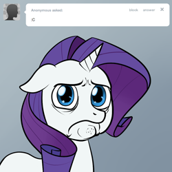 Size: 646x646 | Tagged: safe, artist:lemondevil, character:rarity, species:pony, species:unicorn, :c, ask, biporarity, female, floppy ears, mare, pouting, solo, tumblr