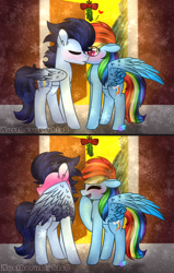 Size: 1024x1615 | Tagged: safe, artist:northlights8, character:rainbow dash, character:soarin', species:pony, ship:soarindash, blushing, blushing profusely, colored wings, colored wingtips, embarrassed, kissing, male, mistletoe, shipping, straight