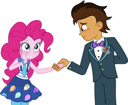 Size: 1280x1053 | Tagged: safe, artist:imperfectxiii, character:pinkie pie, oc, oc:copper plume, self insert, equestria girls:friendship games, g4, my little pony: equestria girls, my little pony:equestria girls, blushing, canon x oc, clothing, copperpie, equestria girls-ified, freckles, glasses, male, pants, shipping, simple background, smiling, straight, suit, transparent background, vector