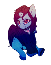 Size: 1106x1400 | Tagged: safe, artist:lunarmarshmallow, oc, oc only, species:pony, species:unicorn, derpibooru community collaboration, 2017 community collab, clothing, collar, freckles, glasses, hoodie, lidded eyes, lipstick, looking at you, looking up, pet tag, simple background, sitting, smiling, solo, transparent background, underhoof