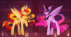 Size: 5303x2752 | Tagged: safe, artist:novabytes, character:sunset shimmer, character:twilight sparkle, character:twilight sparkle (alicorn), species:alicorn, species:pony, absurd resolution, alicornified, book, bookshelf, candle, commission, crown, duo, jewelry, levitation, lidded eyes, long legs, looking at you, magic, race swap, raised hoof, regalia, shimmercorn, smiling, smirk, spread wings, telekinesis, wings