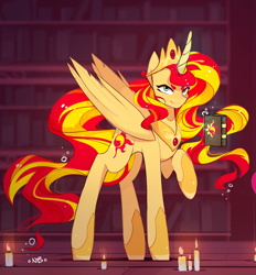 Size: 1280x1377 | Tagged: safe, artist:novabytes, part of a set, character:sunset shimmer, species:alicorn, species:pony, alicornified, book, candle, crown, jewelry, journal, long legs, looking at you, offscreen character, race swap, regalia, shimmercorn, smiling, solo focus