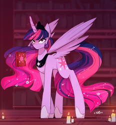 Size: 1280x1378 | Tagged: safe, artist:novabytes, part of a set, character:sunset shimmer, character:twilight sparkle, character:twilight sparkle (alicorn), species:alicorn, species:pony, book, candle, crown, female, jewelry, long legs, looking at you, magic, offscreen character, regalia, smiling, solo, spread wings, telekinesis, wings