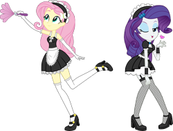 Size: 3241x2453 | Tagged: safe, artist:imperfectxiii, character:fluttershy, character:rarity, my little pony:equestria girls, adorasexy, beautiful, beautisexy, blowing a kiss, clothing, commission, cute, duo, duster, fishnets, frilly socks, gloves, heart, high heels, long gloves, maid, one eye closed, open mouth, raised leg, sexy, shoes, simple background, sleeveless, smiling, socks, stockings, thigh highs, transparent background, vector, wink