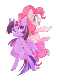 Size: 633x850 | Tagged: safe, artist:sibashen, character:pinkie pie, character:twilight sparkle, character:twilight sparkle (alicorn), species:alicorn, species:pony, back to back, bipedal, colored pupils, cute, duo, female, jumping, looking at each other, looking back, mare, open mouth, semi-anthro, signature, simple background, smiling, spread wings, white background, wings