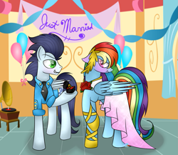 Size: 1023x887 | Tagged: safe, artist:northlights8, character:rainbow dash, character:soarin', species:pony, ship:soarindash, clothing, colored pupils, dress, food, french fries, hay fries, male, rainbow dash always dresses in style, ring, scrunchy face, shipping, straight, tsunderainbow, tsundere, wedding ring, wonderbolts dress uniform