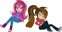 Size: 5697x2962 | Tagged: safe, artist:imperfectxiii, oc, oc only, oc:contralto, oc:cupcake slash, my little pony:equestria girls, absurd resolution, clothing, cute, disguised siren, equestria girls-ified, eyes closed, female, giggling, open mouth, pants, point commission, shoes, simple background, sitting, sneakers, transparent background, wubcake