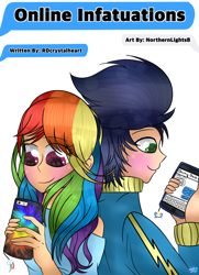 Size: 1024x1412 | Tagged: safe, artist:northlights8, character:rainbow dash, character:soarin', species:human, ship:soarindash, fanfic, fanfic art, humanized, male, phone, shipping, smartphone, straight