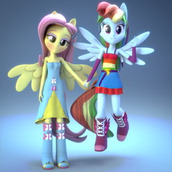 Size: 1920x1920 | Tagged: safe, artist:efk-san, character:fluttershy, character:rainbow dash, my little pony:equestria girls, 3d, blender, blushing, boots, clothing, cute, dress, fall formal outfits, flying, gradient background, grin, high heel boots, holding hands, implied flutterdash, implied lesbian, implied shipping, lidded eyes, ponied up, ponytail, short dress, sleeveless, smiling, spread wings, strapless, wings
