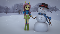 Size: 3840x2160 | Tagged: safe, artist:efk-san, character:fluttershy, my little pony:equestria girls, 3d, boots, clothing, cute, fake tail, female, hat, high heel boots, high res, pony ears, scarf, snow, snowman, socks, solo, tree, waving, wondercolts, wondercolts uniform