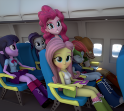 Size: 1920x1720 | Tagged: safe, artist:efk-san, character:applejack, character:fluttershy, character:pinkie pie, character:rainbow dash, character:rarity, character:twilight sparkle, my little pony:equestria girls, 3d, blender, blushing, book, boots, clothing, high heel boots, humane five, humane six, mane six, plane, seat, skirt, sleeping, socks
