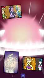 Size: 2986x5253 | Tagged: safe, artist:deannaphantom13, character:adagio dazzle, character:applejack, character:rainbow dash, character:sonata dusk, character:twilight sparkle, comic:equestrian city, equestria girls:rainbow rocks, g4, my little pony: equestria girls, my little pony:equestria girls, absurd resolution, belly button, comic, equestrian city, explosion, midriff, ponied up, statue, suggestive series