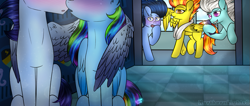 Size: 1023x434 | Tagged: safe, artist:northlights8, character:fleetfoot, character:rainbow dash, character:soarin', character:spitfire, character:wave chill, species:pony, ship:soarindash, blushing, cellphone, colored wings, fleetfoot the shipper, hug, imminent kissing, kissing, male, phone, shipper on deck, shipping, smartphone, spitfire the shipper, straight, wave chill the shipper, winghug