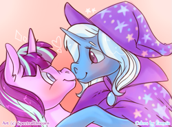 Size: 601x445 | Tagged: safe, artist:esmeia, artist:spectralunicorn, character:starlight glimmer, character:trixie, species:pony, species:unicorn, ship:startrix, blushing, boop, cape, clothing, female, gradient background, hat, heart, lesbian, looking at each other, mare, nose wrinkle, noseboop, shipping, smiling, stars, trixie's cape, trixie's hat