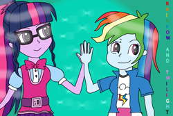 Size: 2593x1728 | Tagged: safe, artist:blazingdazzlingdusk, character:rainbow dash, character:twilight sparkle, character:twilight sparkle (scitwi), species:eqg human, my little pony:equestria girls, belt, bow tie, duo, female, glasses, high five