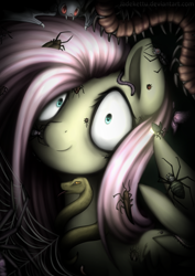 Size: 1024x1448 | Tagged: safe, artist:jadekettu, character:fluttershy, species:bat, species:pegasus, species:pony, episode:every little thing she does, g4, my little pony: friendship is magic, black background, bug armor, cockroach, creepy, cricket (insect), dark, female, fiducia compellia, hypnosis, hypnotized, insect, looking at you, millipede, shrunken pupils, simple background, smiling, snake, solo, spider, spider web, wide eyes
