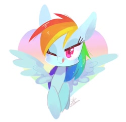 Size: 891x860 | Tagged: safe, artist:sibashen, character:rainbow dash, cute, eyelashes, female, one eye closed, signature, solo, spread wings, tongue out, wings, wink