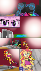 Size: 2916x4966 | Tagged: safe, artist:deannaphantom13, character:applejack, character:blueberry cake, character:dj pon-3, character:fluttershy, character:microchips, character:pinkie pie, character:rainbow dash, character:rarity, character:sandalwood, character:sunset shimmer, character:twilight sparkle, character:vinyl scratch, character:watermelody, comic:equestrian city, equestria girls:rainbow rocks, g4, my little pony: equestria girls, my little pony:equestria girls, absurd resolution, bare shoulders, belly button, blueberry cake, boots, bracelet, city, clothing, comic, equestrian city, high heel boots, humane five, humane six, jewelry, mane six, midriff, shoes, sleeveless, strapless, suggestive series, sun