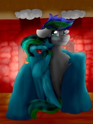 Size: 774x1032 | Tagged: safe, artist:littledreamycat, oc, oc only, oc:liyana, oc:storm feather, species:pony, blanket, christmas, cuddling, fireplace, happy, indoors, smiling, snuggling