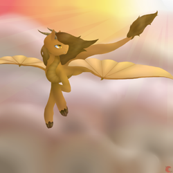 Size: 1024x1024 | Tagged: safe, artist:anxiouslilnerd, oc, oc only, species:dracony, cloud, dragon wings, flying, horns, hybrid, lineless, long tail, paint tool sai, paws, solo, sunrise, sunset