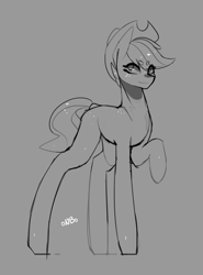 Size: 2223x3000 | Tagged: safe, artist:novabytes, character:applejack, species:pony, clothing, cowboy hat, female, hat, long legs, looking at you, monochrome, raised hoof, short hair, signature, simple background, sketch, smiling, solo, stetson, wip