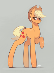 Size: 2223x3000 | Tagged: safe, artist:novabytes, character:applejack, species:pony, clothing, cowboy hat, female, hat, long legs, looking at you, raised hoof, short hair, simple background, solo, stetson