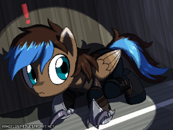 Size: 800x600 | Tagged: safe, artist:rangelost, oc, oc only, oc:playthrough, species:pegasus, species:pony, against wall, caught, claws, crouching, exclamation point, leather armor, male, metal gear, pixel art, sneaking, solo, spotlight, stallion