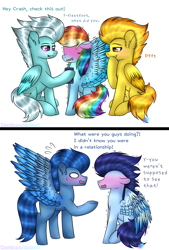 Size: 1024x1514 | Tagged: safe, artist:northlights8, character:fleetfoot, character:rainbow dash, character:soarin', character:spitfire, character:wave chill, species:pony, ship:soarindash, blushing, cellphone, female, male, phone, shipper on deck, shipping, smartphone, straight, wonderbolts